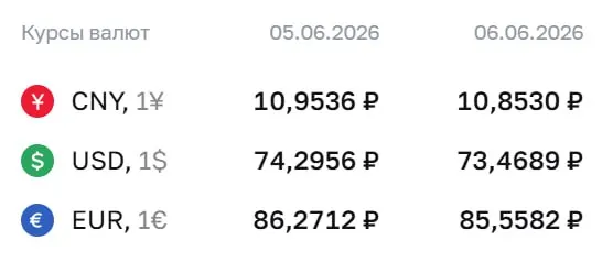Официальный курс Центробанка на выходные и 8 июня: доллар — 73,47 ₽, евро — 85,56 ₽, юань — 10,85 ₽. По этим курсам проходят расчёты по ряду финансовых инструментов.