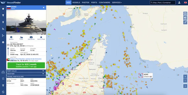 142-метровая суперъяхта «Норд», принадлежащая бизнесмену Алексею Мордашову, вышла из Дубая, пересекла Ормузский пролив и следует в направлении Омана; ранее судно перерегистрировали в России после введения санкций против владельца.