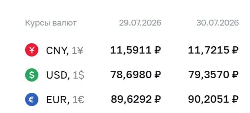 По оценке Банка России, официальный курс доллара превысил ₽79. На 30 июля доллар — ₽79,36; евро — ₽90,21; юань — ₽11,72.